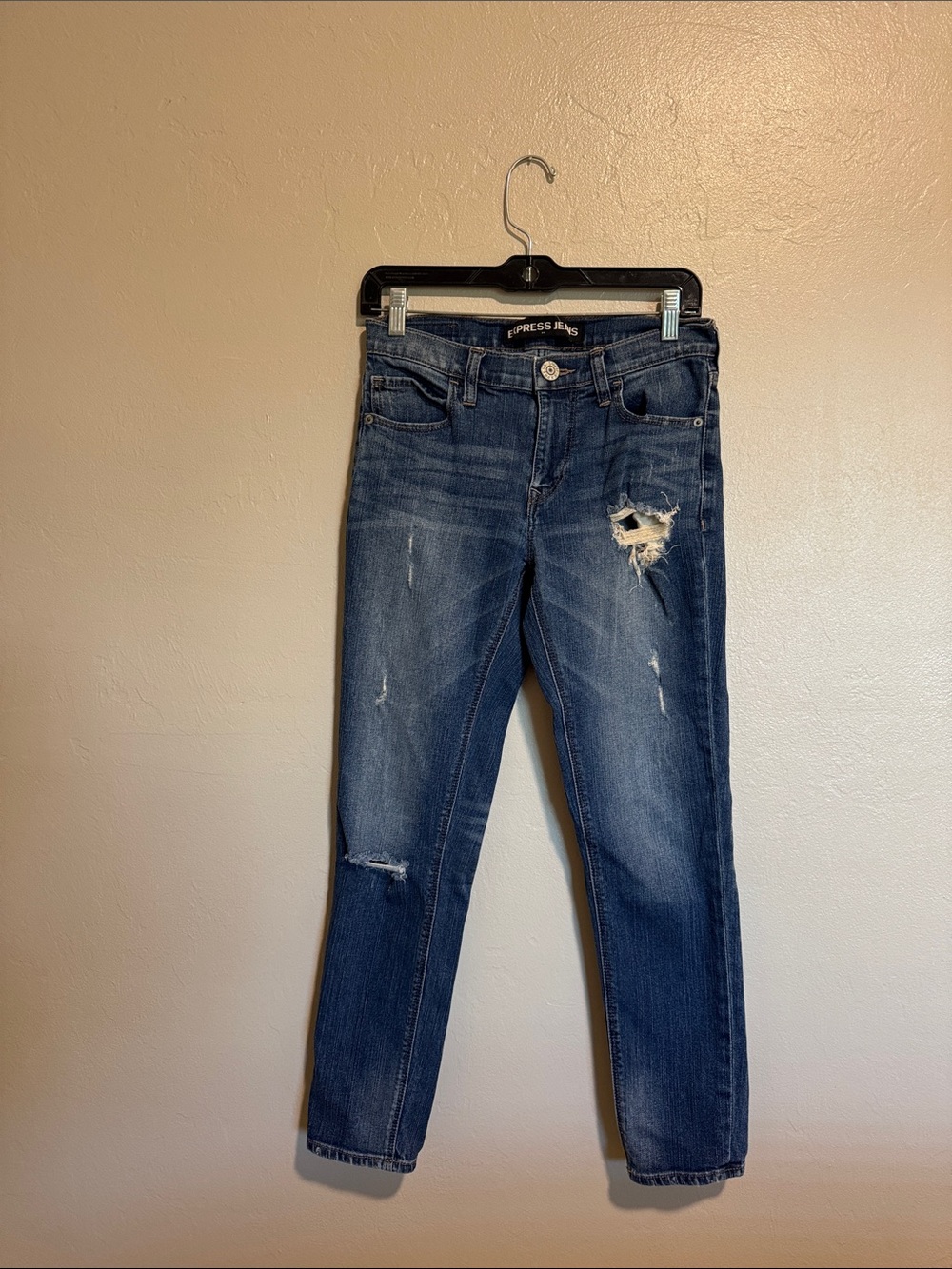 Express Women's Distressed Jeans in Dark Blue